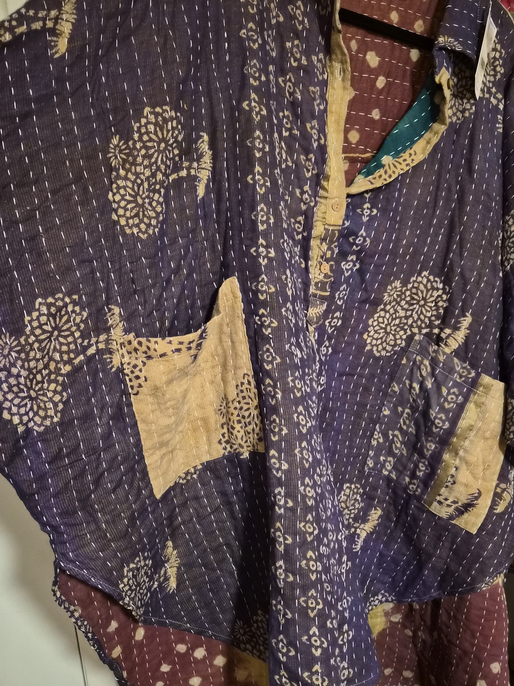 NWT Purple & Cream Kantha Quarter Button Down With Pockets - Picture 3 of 5